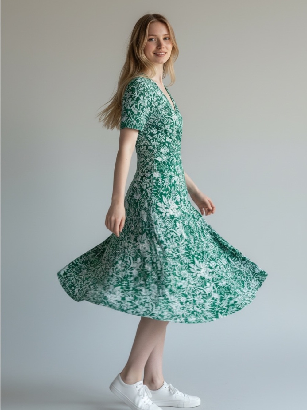 CAbi Green Floral Wrap Dress Large Cottagecore Garden Feminine Soft Stretch